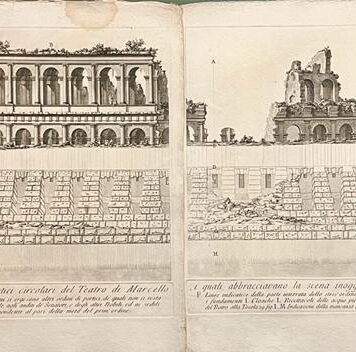 [Two antique prints, etchings, Piranesi] Prospetto esterno dell'avanzo de' portici circolari del Teatro del Marcello (two plates) (remains of open air theatre of Marcellus, Rome), published 1756-1784, 2 pp.