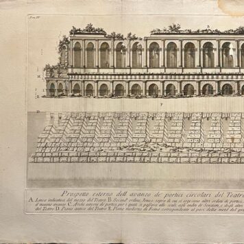 [Two antique prints, etchings, Piranesi] Prospetto esterno dell'avanzo de' portici circolari del Teatro del Marcello (two plates) (remains of open air theatre of Marcellus, Rome), published 1756-1784, 2 pp.