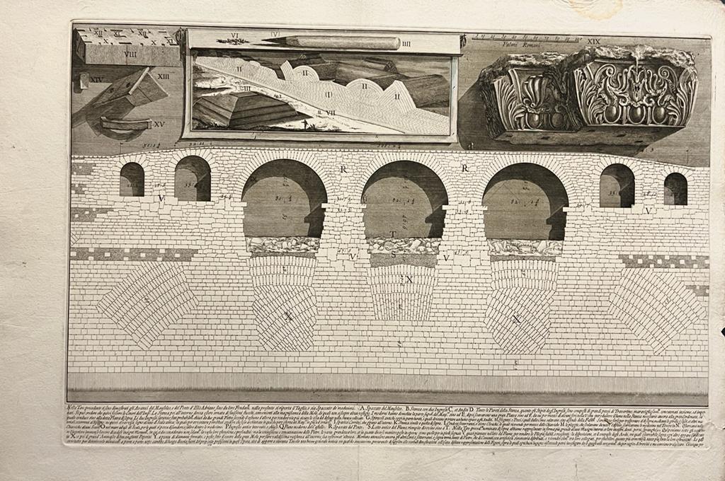 [Two antique prints, etchings, Piranesi] Avanzi del Mausoleo, e del Ponte d'Elio Adriano Inventario (two plates)(Bridge of Hadrian illustrated to their foundations), published 1756-1784, 2 pp.