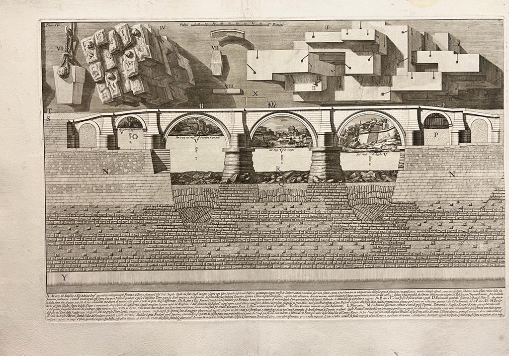 [Two antique prints, etchings, Piranesi] Avanzo del Mausoleo d'Elio Adriano Imp. re. (two plates) (Remains of mausoleum Hadrian, now Castel S. Angelo, Engelenburcht), published 1756-1784, 2 pp.
