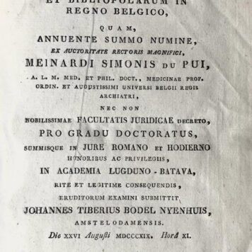 [Dissertation 1819] Dissertatio historico-juridica, de juribus typographorum et bibliopolarum in regno Belgico [...] Leiden S. en J. Luchtmans 1819