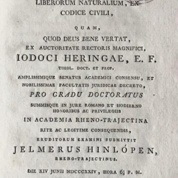 Dissertatio juridica inauguralis de successione irregulari, praesertim liberorum naturalium, ex codice civili [...] Utrecht Joh. Altheer 1824