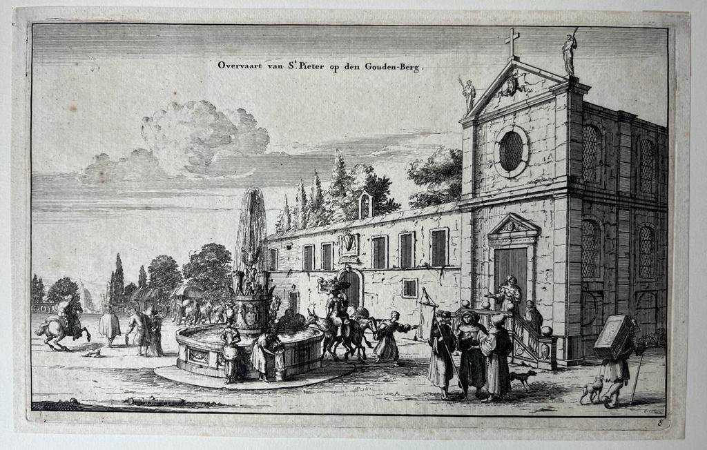 [Antique print, etching, Rome] VOORNAAMSTE GEBOUWEN Vande Tegenwoordige STADT ROMEN (view on the dome of St. Pieter from a hill in Rome), published ca. 1681, 1 p.