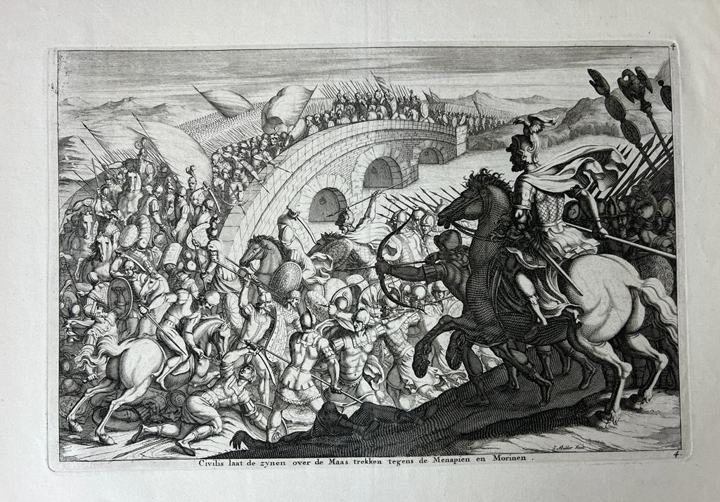 [Antique print, etching, Rome] Civilis laat de zynen over de Maas trekken tegens de Menapien en Morinen, 1 p.