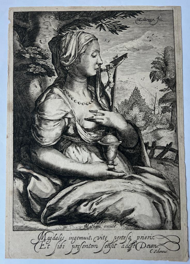 [Antique print, engraving] Penitent Magdalena (Mary Magdalene, Maria Magdalena), published 1620, 1 p.