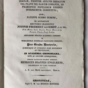 Specimen juridicum inaugurale, quo enarrantur, quae de imputatione ad poenam [...] inveniuntur constituta [...] Groningen C.M. van Bolhuis Hoitsema 1834