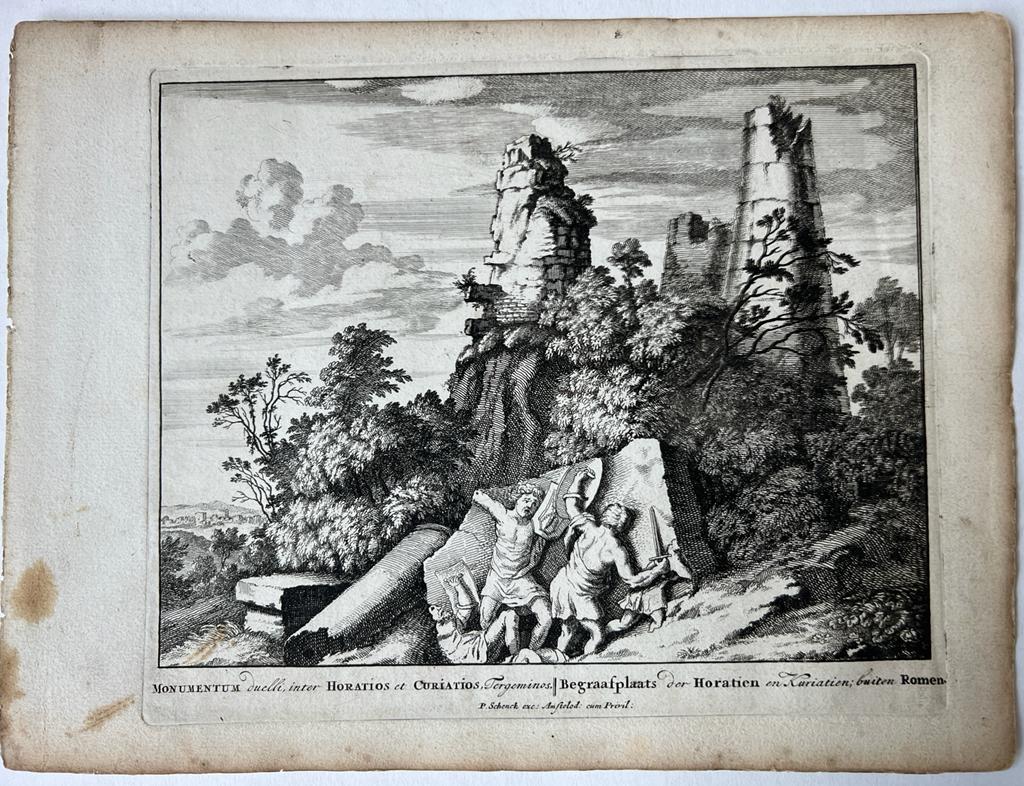 [Antique print, etching/ets, Rome] MONUMENTUM duelli inter HORATIOS et CURIATIOS ... Views of Rome [Set title] (De tumuli van Horatii en Curiatii), published 1705.