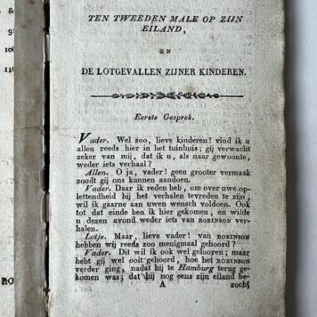 [Dutch literature [1826]] Robinson Crusoe ten tweeden male op zijn eiland; zijn uiteinde en de lotgevallen zijner kinderen aldaar. 2e druk (op omslag: 3e druk), Amsterdam, van Arum, [1826], 4+127 pp. Illustrated with handcoloured engravings.
