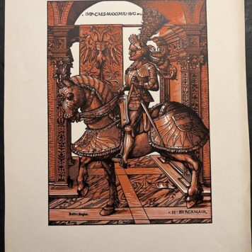 [Reproduction of woodcut, 20th century] Portrait of military figure on horse: IMP·CAES·MAXIMIL·AVG (Emperor Maximilian I, 1508/1518) by H·BVRGKMAIR (Hans Burgkmair I (artist) German, 1473 - 1531) and Jost de Negker (artist) Flemish, 1485 - 1544, 1 p.