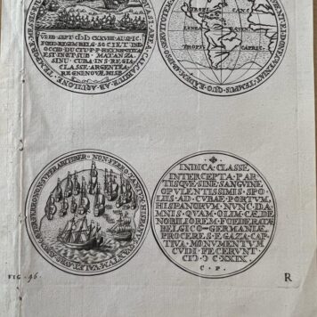 [Antique print, etching of two medals] Etching of two medals (front and back), top: Piet Hein conquers silver fleet. Bottom: Spanish ships and text, published 1690, 1 p.