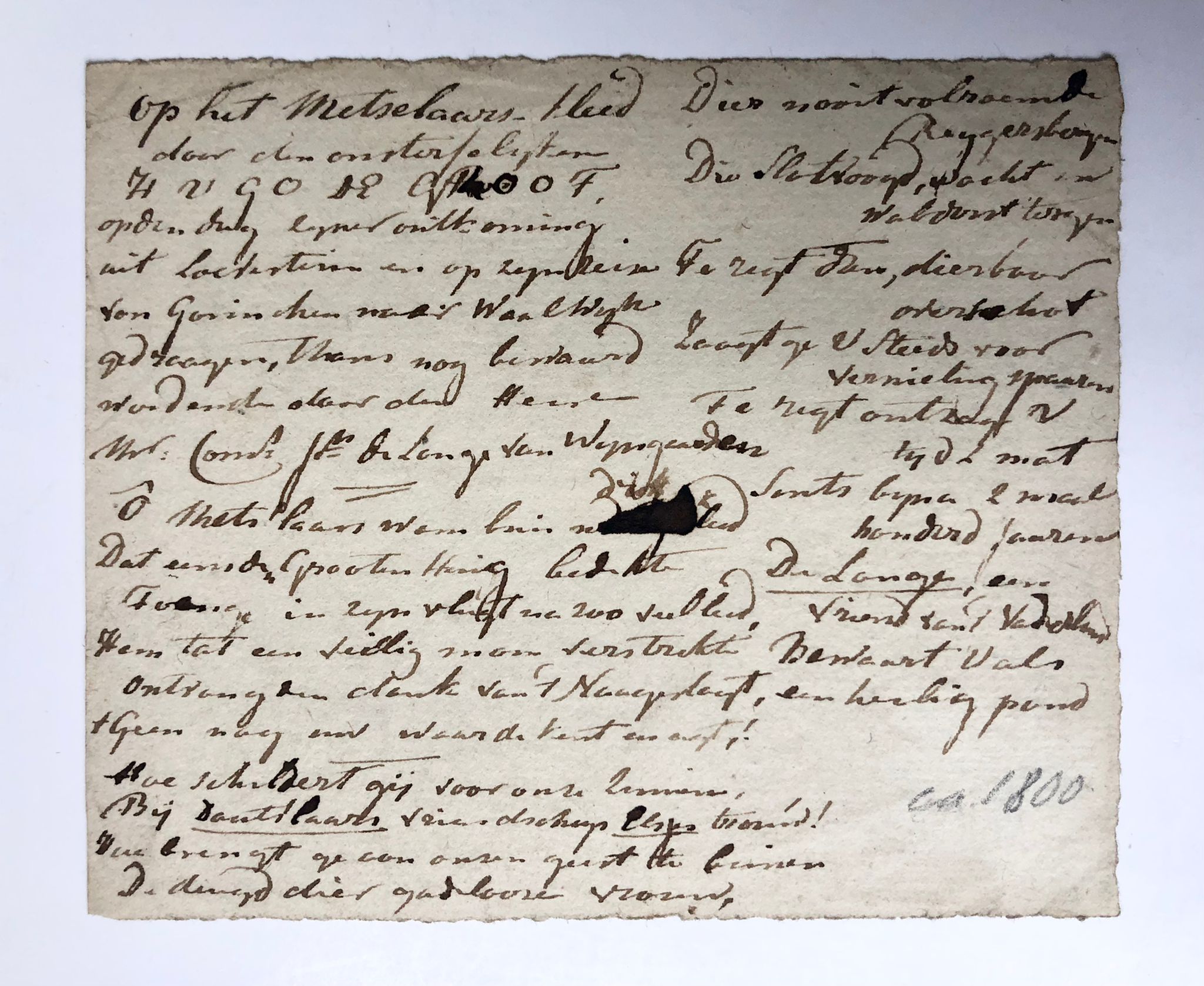  - [Manuscript, poem, Grotius, ca 1800] Poem 'Op het metselaarskleed door den onsterfelijken Hugo de Groot (...) gedraagen, thans nog bewaard wordende door den heere mr. Corn. de Lange van Wijngaarden'. Manuscript, 1 p, ca. 1800.