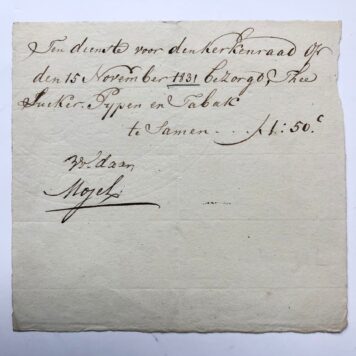 [Receipt, 1831] Receipt / Kwitantie van ... Mojel voor geleverde thee etc. aan de kerkeraad te Delft. 1831, manuscript, 1 p.