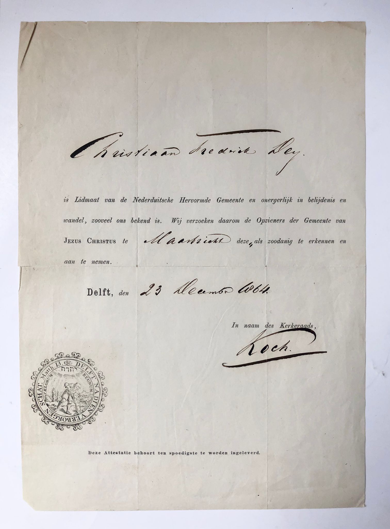 [Printed publication with manuscript 1864] Statement by kerkeraad Delft about membership Christiaan Frederik Dey regarding his leave to Maastricht. Partly printed, 4°, 1 p.