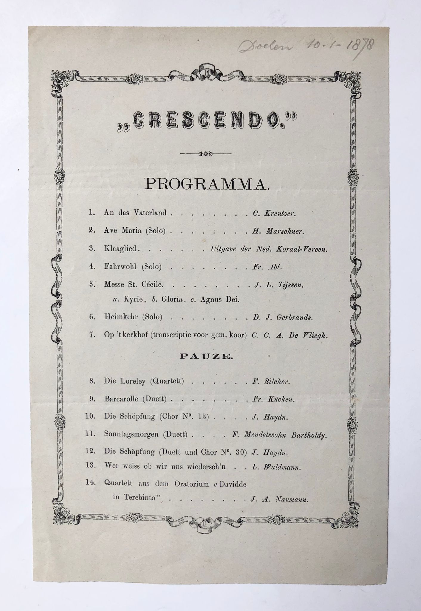  - [Music, Delft 1878] Music programma of vereniging Crescendo, Delft, 1878. 1 p., printed.