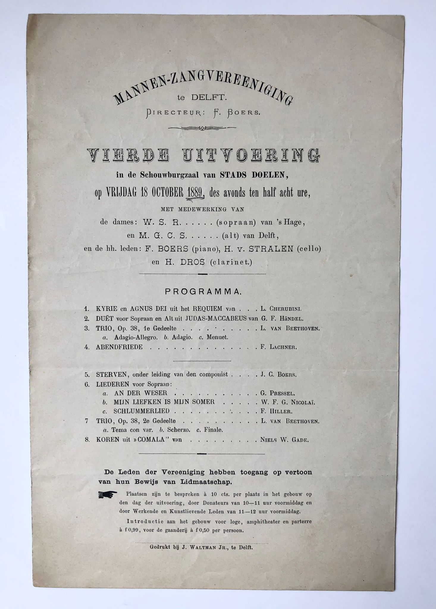 [Printed publication, music, Delft 1889] Programm of the 4e uitvoering mannenzangvereeniging te Delft (dir. F. Boers), 18-10-1889. Printed, 4 pp.