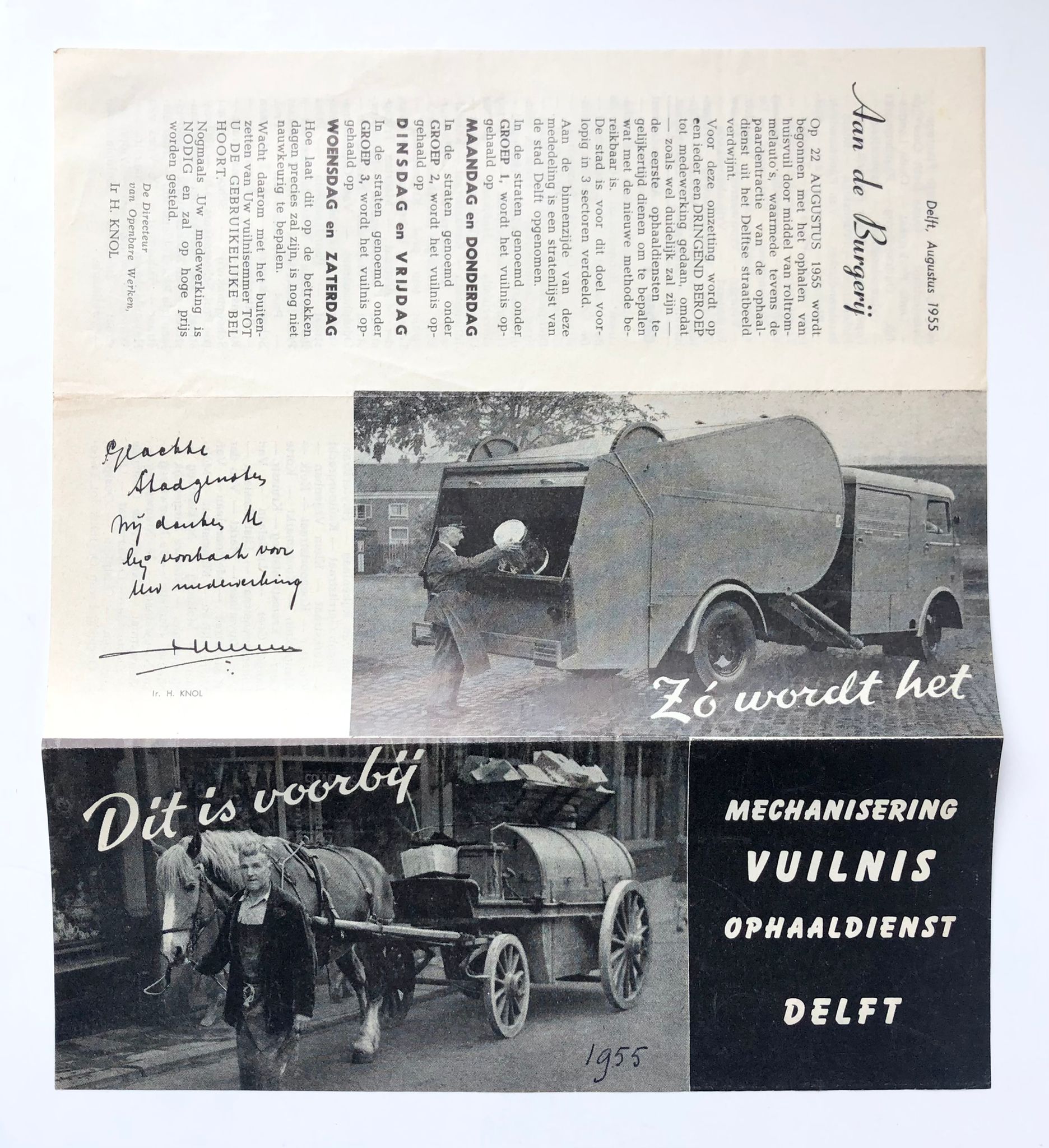 [Printed publication, garbage collection service, 1955] Flyer by dienst Openbare Werken Delft (dir. H. Knol) with regard to the replacement of horses by garbage trucks (roltrommelauto's) for the garbage collection (vuilnisophaaldienst), 1955. Printed, 2 pp.
