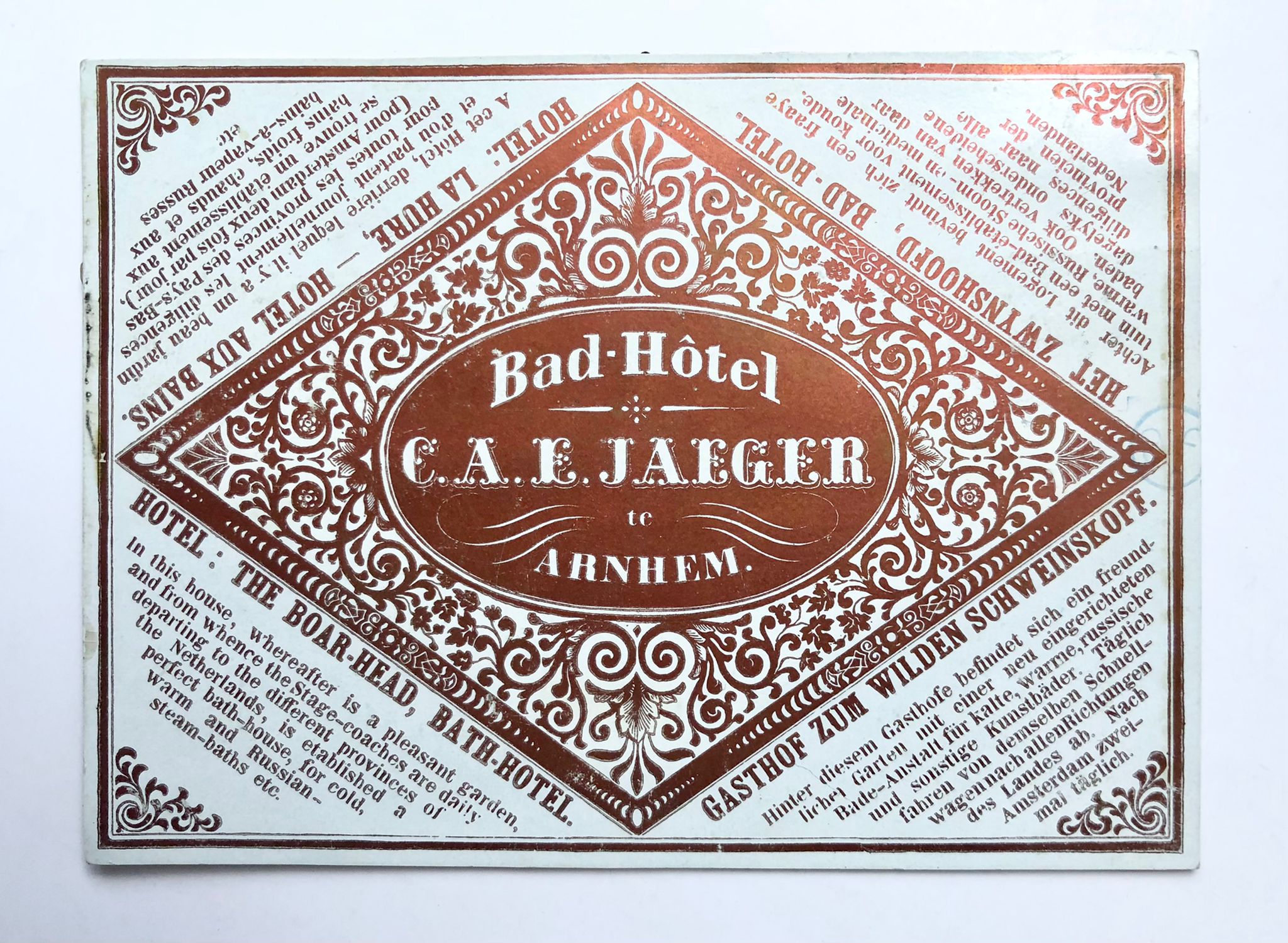  - [Address card, Arnhem, ca 1850] Adress card in porcelain print of Bad Hotel C.A.E. Jaeger in Arnhem, ca. 1850, 1 p.