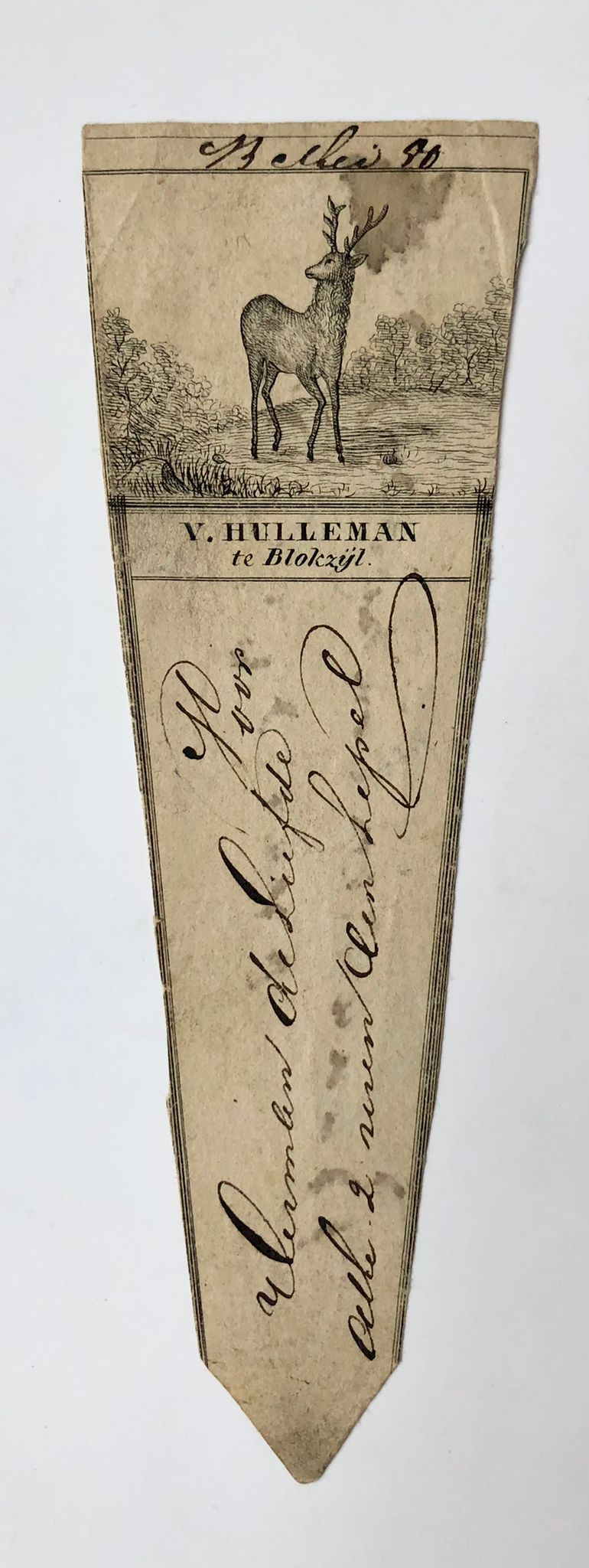 [Printed and partly manuscript, label for medicine, ca 1850] Label for medicine bottle, Printed by V. Hulleman, Blokzijl. In handwriting: 'voor Herman de Liefde', 1850. With engraving of deer (hert).