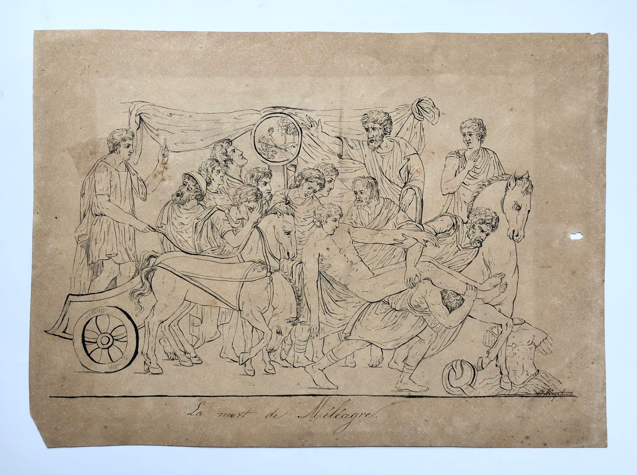 [Pencil drawing, early 20th century] Pentekening door A.J. Kamphuis van La Mort de Meleagre, 20x28 cm. (19e of vroeg 20e eeuws).