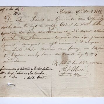 [Manuscript 1814] Letter by A.J. Obreen, d.d. Hulst 17-3-1814 to the schout of Ossenisse, regarding '2 ordonnancen te paard'. Manuscript, 4°, 2 pp.