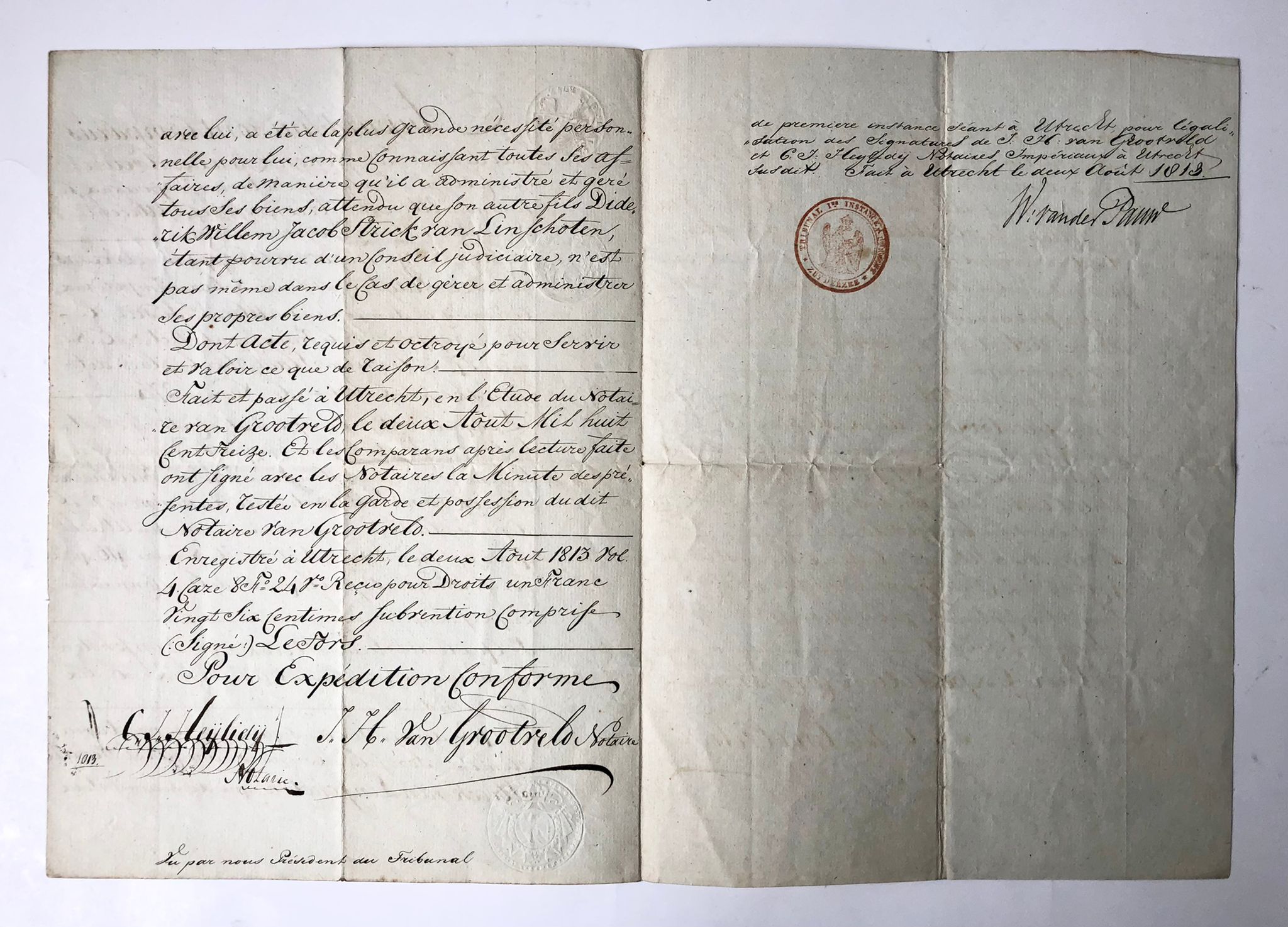 [Manuscript, 1813, legal with seal] Notarial deed Utrecht 2-8-1813, folio, 3 pp.