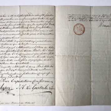 [Manuscript, 1813, legal with seal] Notarial deed Utrecht 2-8-1813, folio, 3 pp.