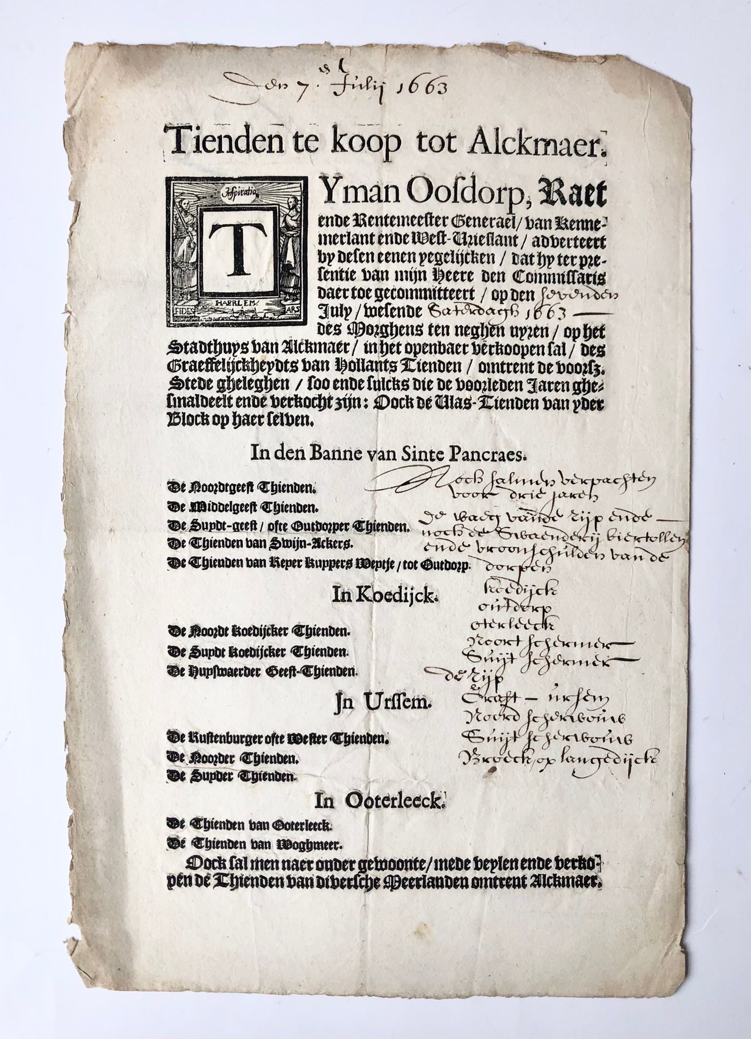 [Printed publication with handwritten additions, 1663] Notice (aanplakbiljet) 'Tienden te koop tot Alckmaer' 7-7-1663, plano, 1 page printed and handwritten additions.