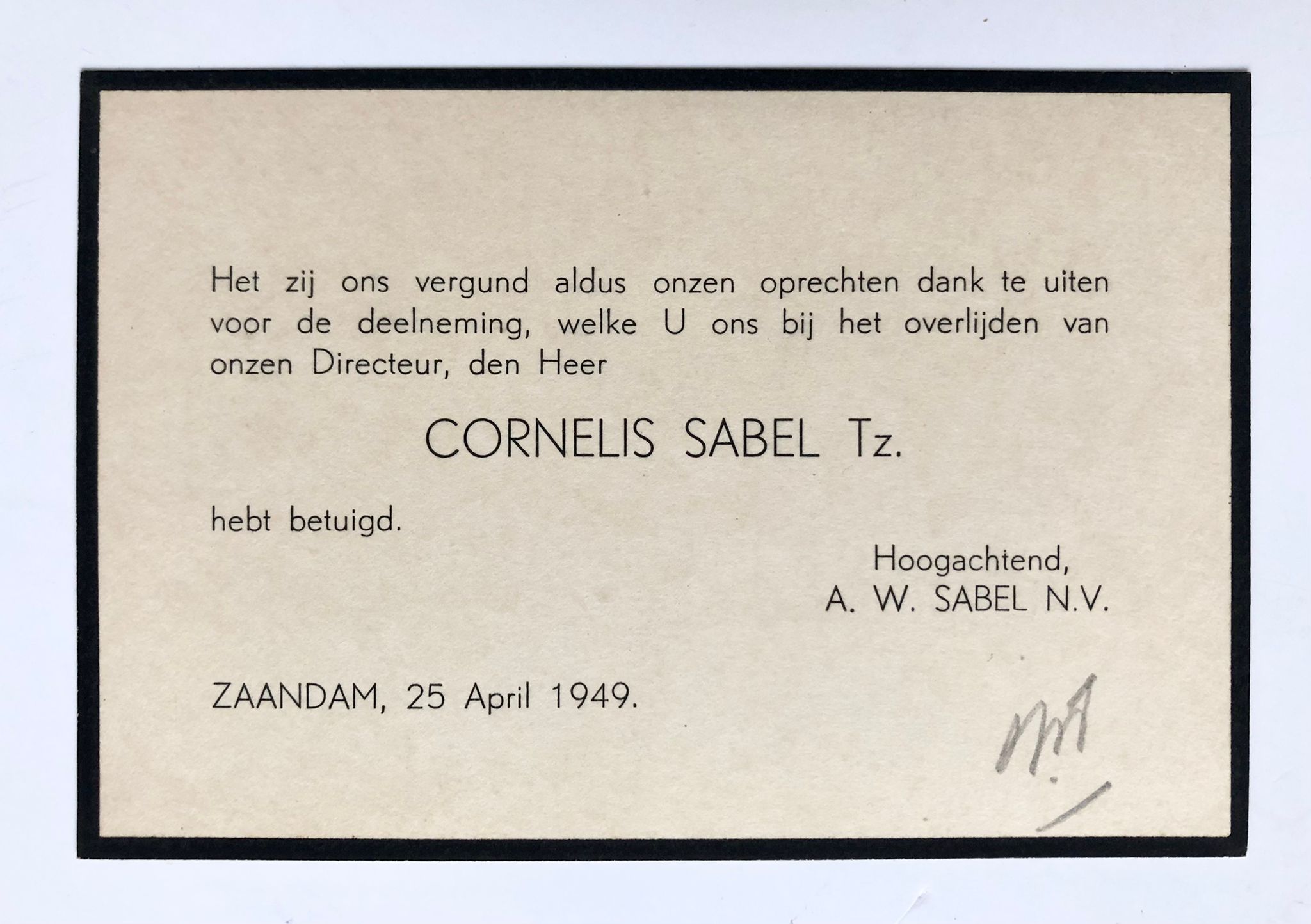  - [Printed death announcement 1949] Two printed death announcements for Cornelis Sabel Tz., Zaandam, 1949, 2 pp.
