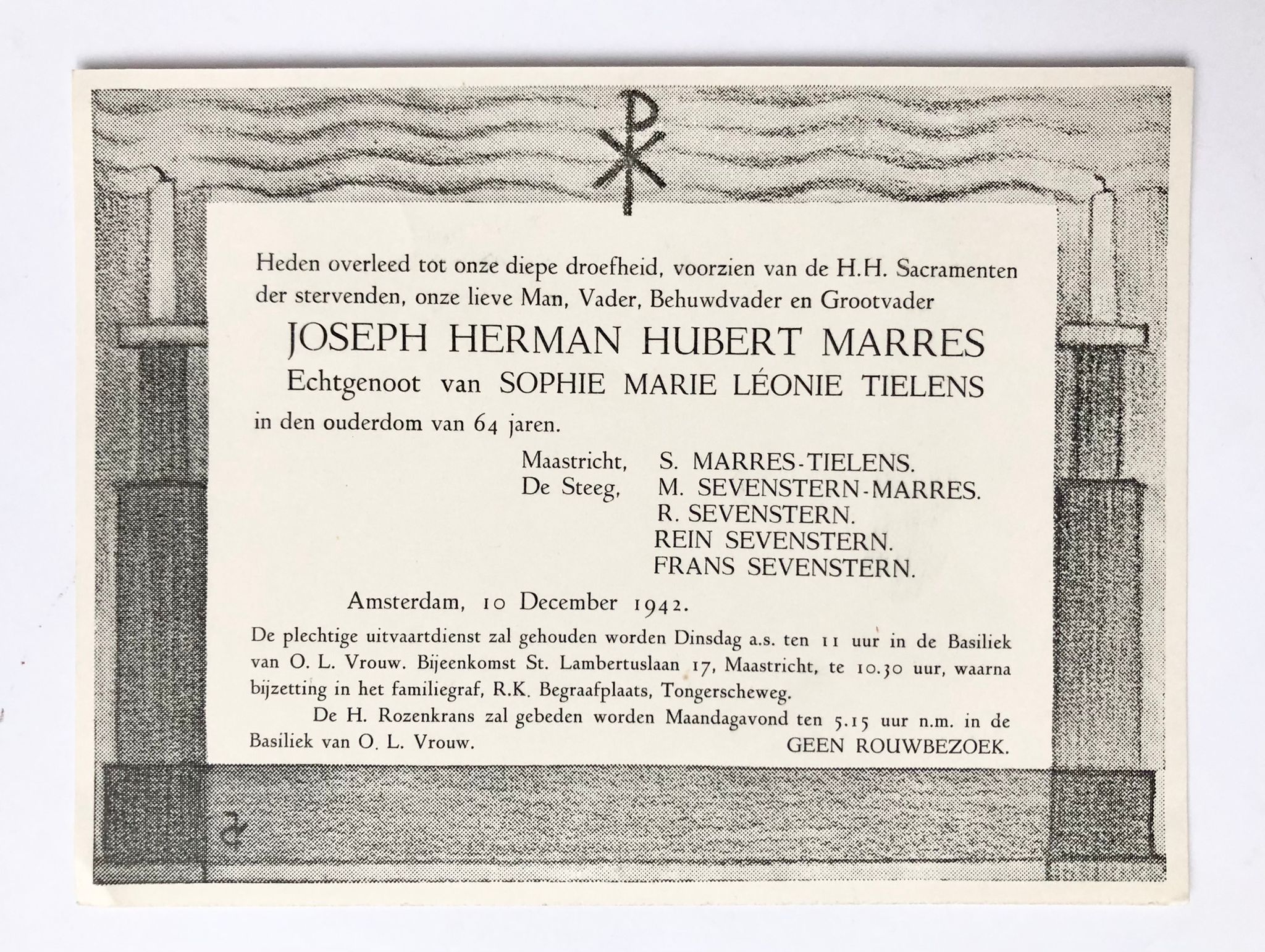  - [Death announcement 1943] Two printed death announcements for J.H.H. Marres. Maastricht, 1943, 2 pp.