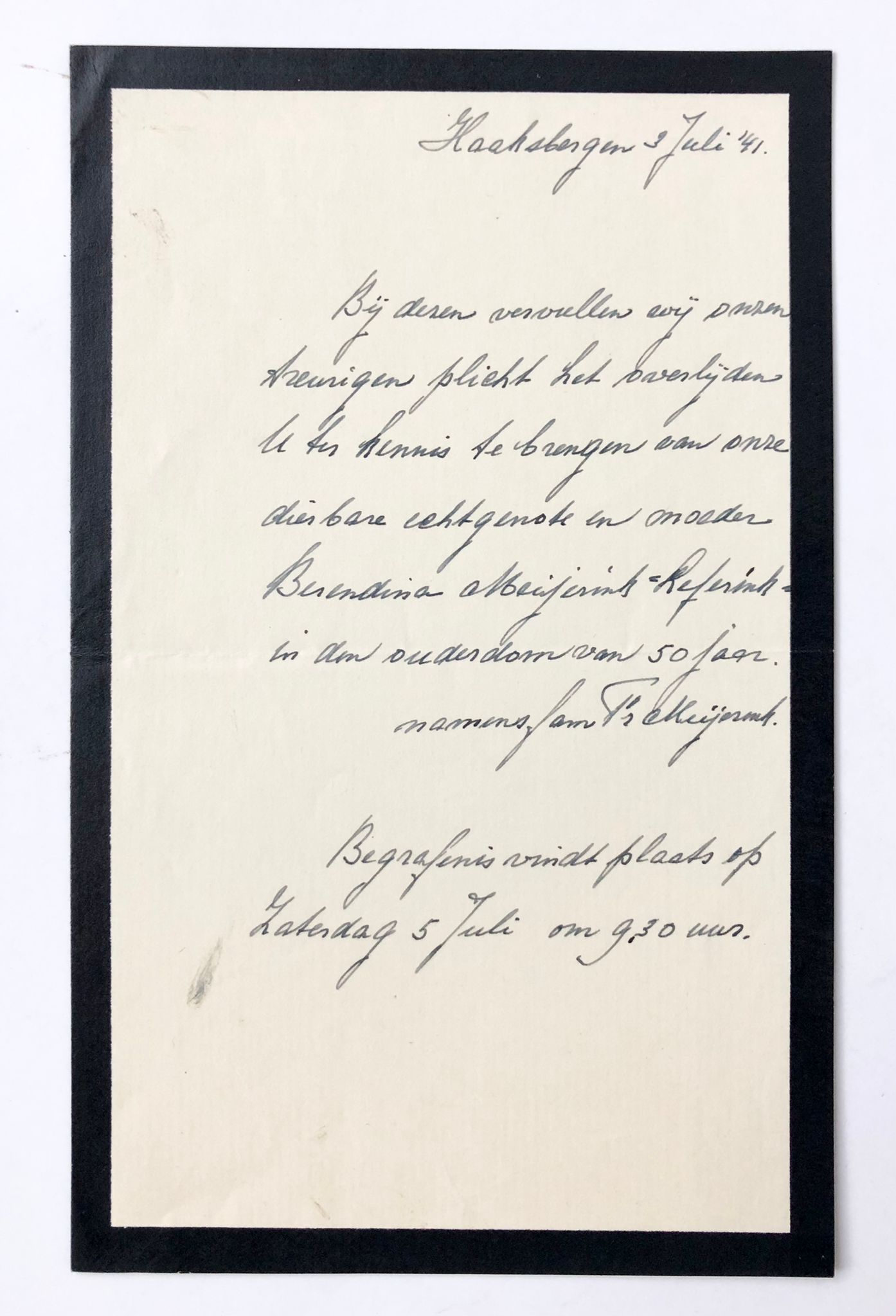  - [Manuscript 1941] Handwritten death announcement for Berendina Meijerink-Leferink. Haaksbergen, 1941, 1 p.