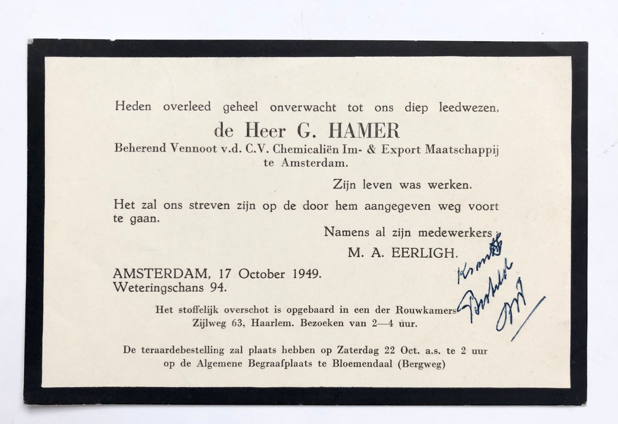 [Printed death announcement 1949] Printed death announcement for G. Hamer. Amsterdam, 1949, 1 p.