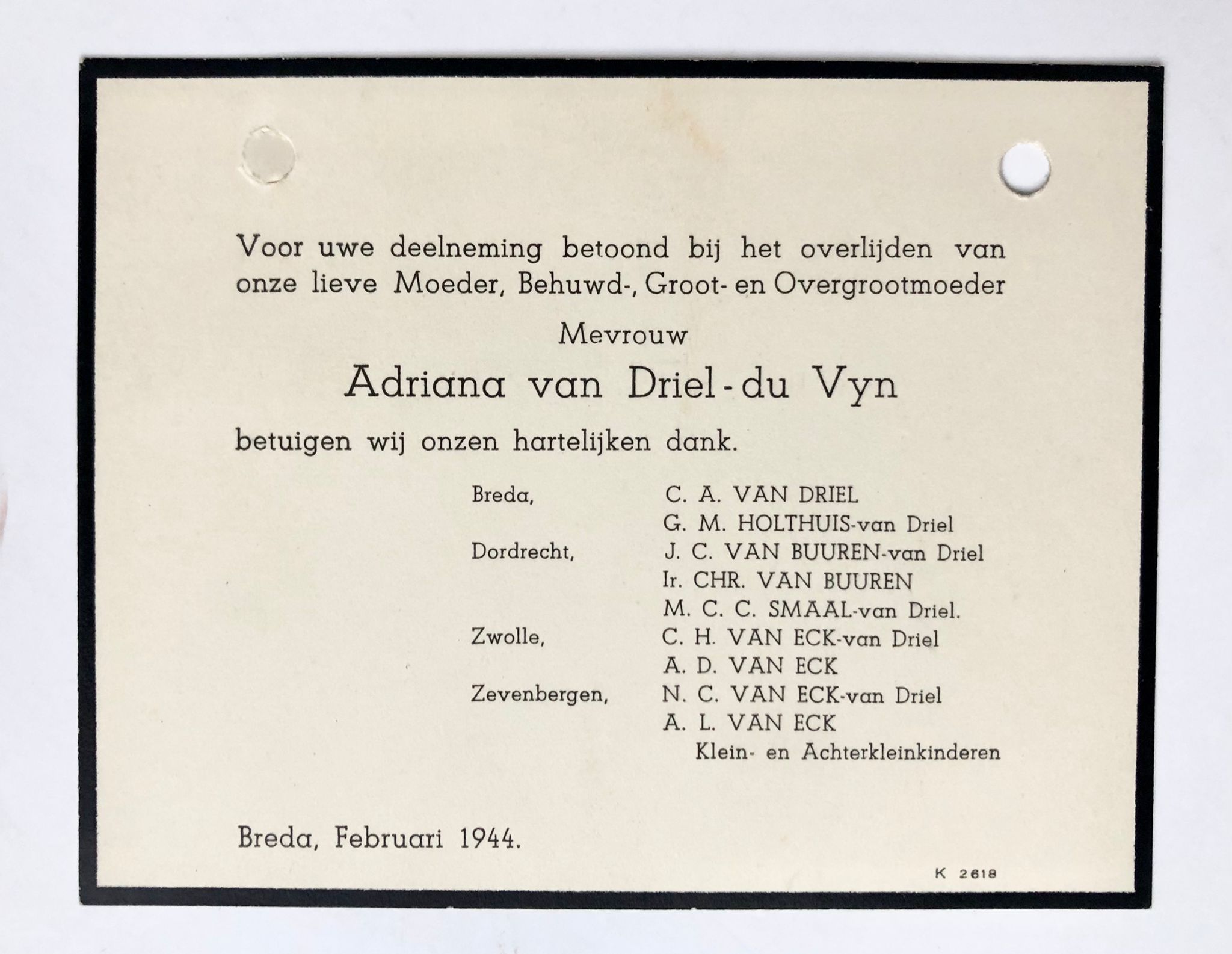 [Printed death announcement 1944] Printed death announcement for A. van Driel-du Vyn. Breda, 1944, 1 p.