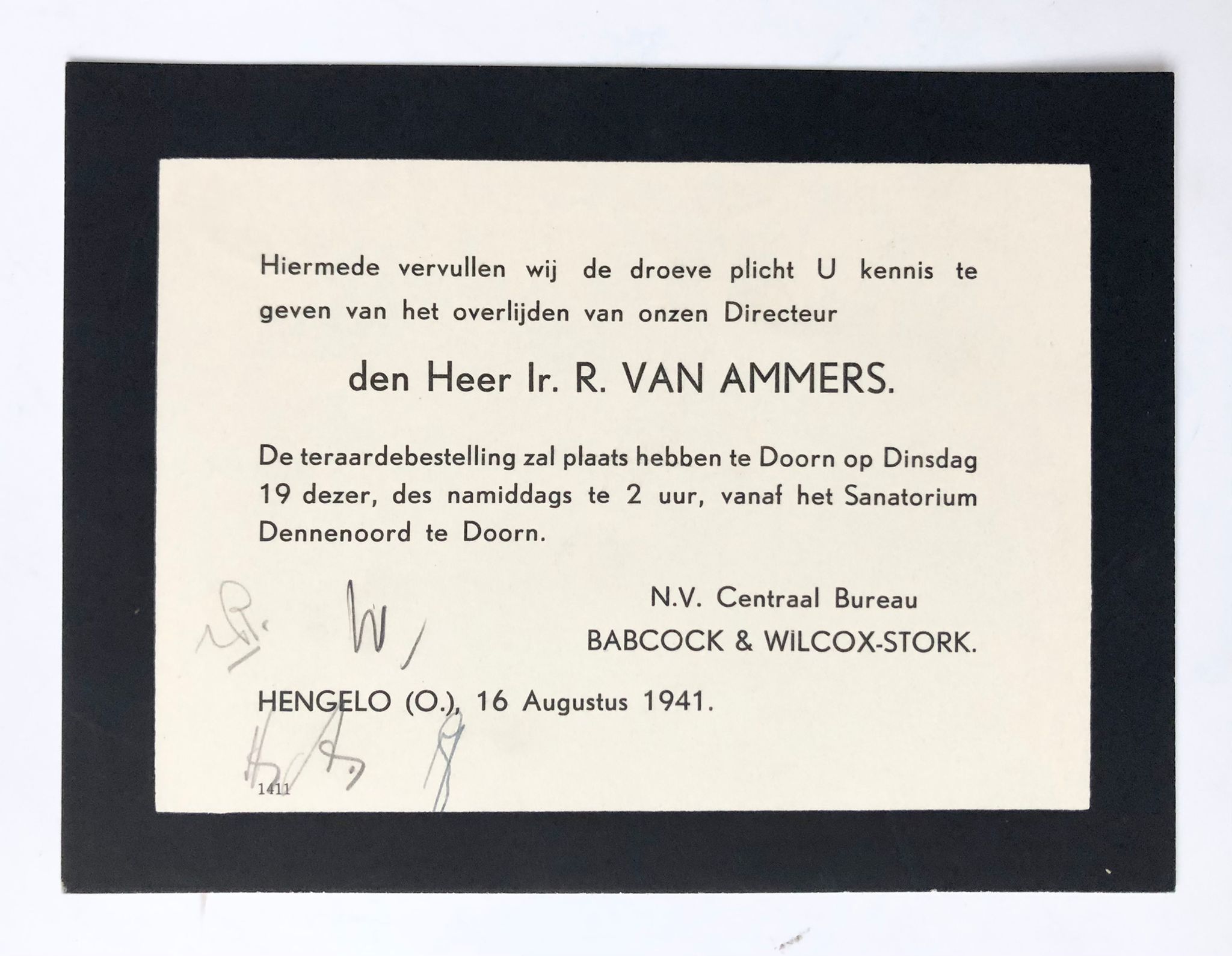 [Printed death announcement 1941] Printed death announcement for ir. R. van Ammers. Hengelo, 1941, 1 p.