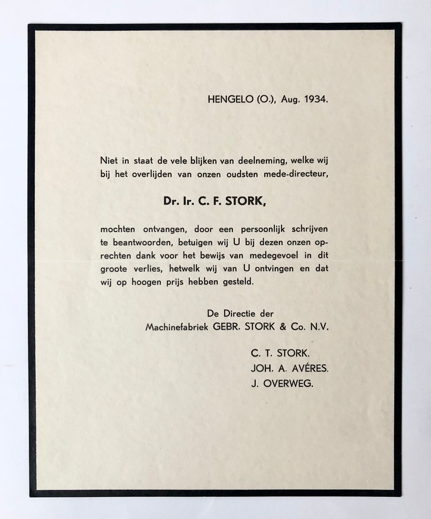  - [Printed death announcement 1934] Printed death announcement for dr. ir. C.F. Stork. Hengelo, 1934, 1 p.