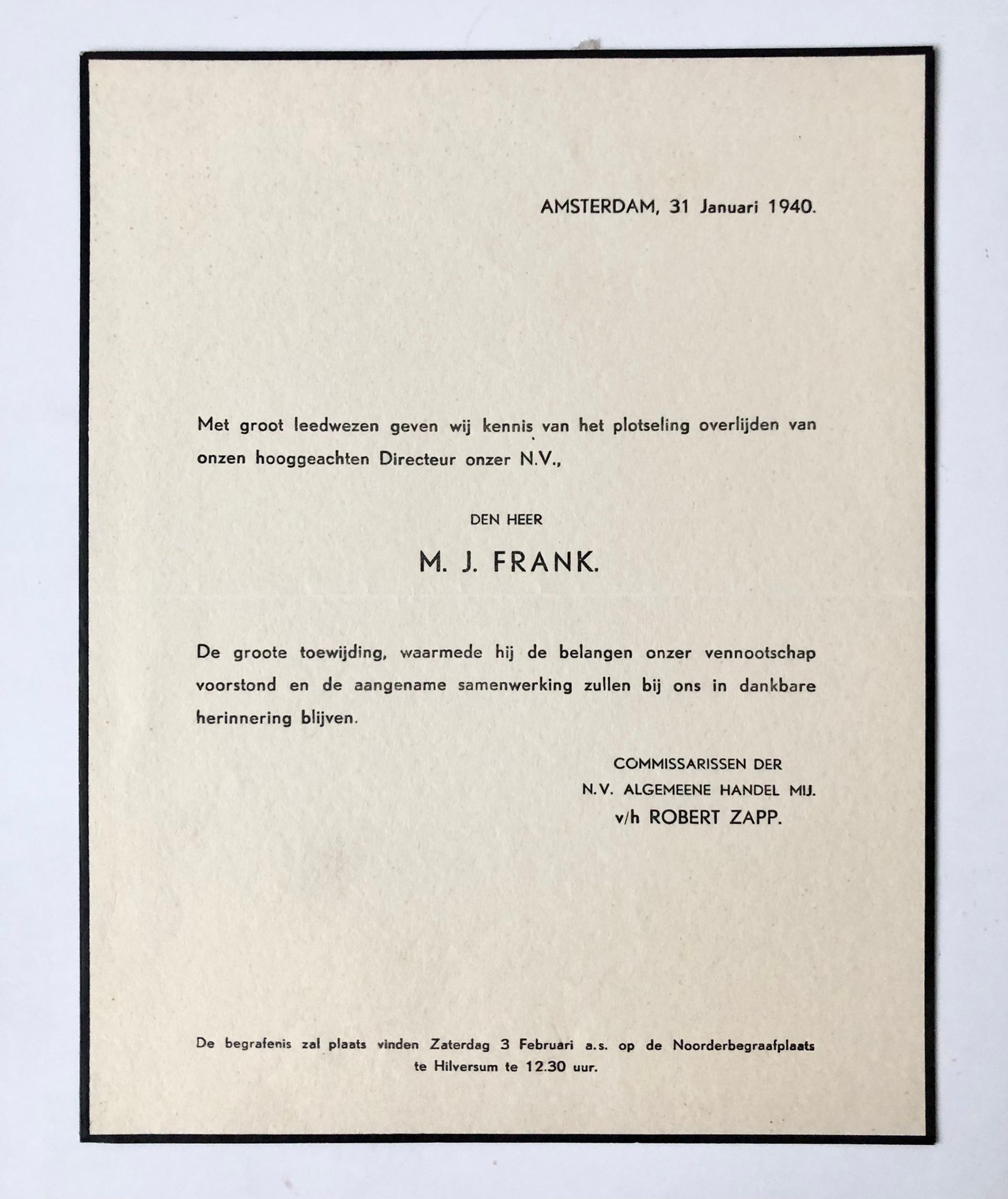 [Printed death announcemnt 1940] Death announcement for M.J. Frank. Amsterdam, 1940, 1 p.