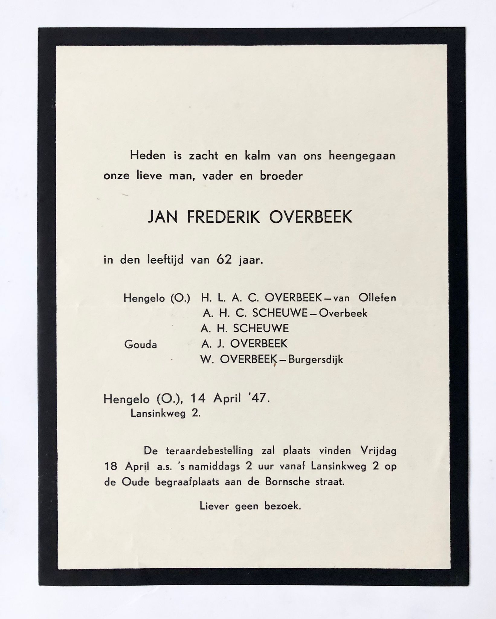 [Printed death announcement 1947] Death announcement for J.F. Overbeek. Hengelo, 1947, 1 p.