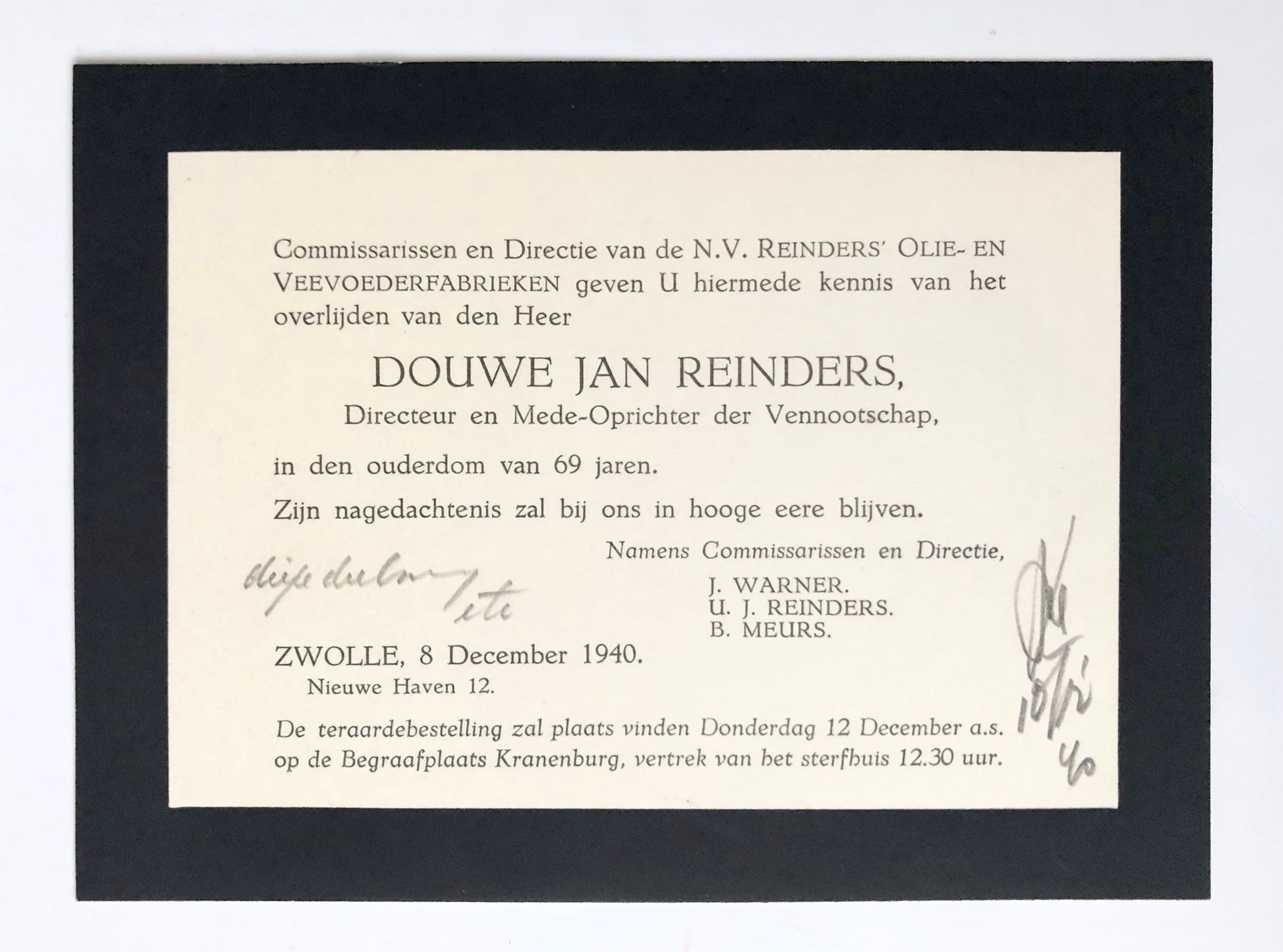 [Printed death announcement 1940] Death announcement for D.W. Reinders. Zwolle, 1940, 1 p.