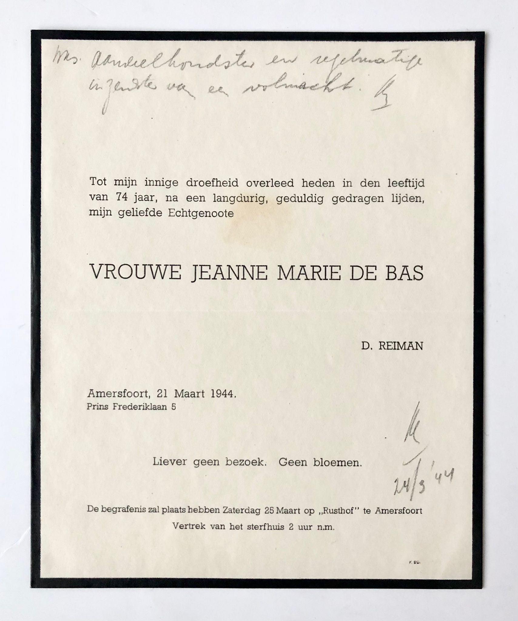  - [Printed death announcement 1944] Death announcement for Vrouwe Jeanne Marie (Reiman) de Bas. Amersfoort, 1944,m 1 p.