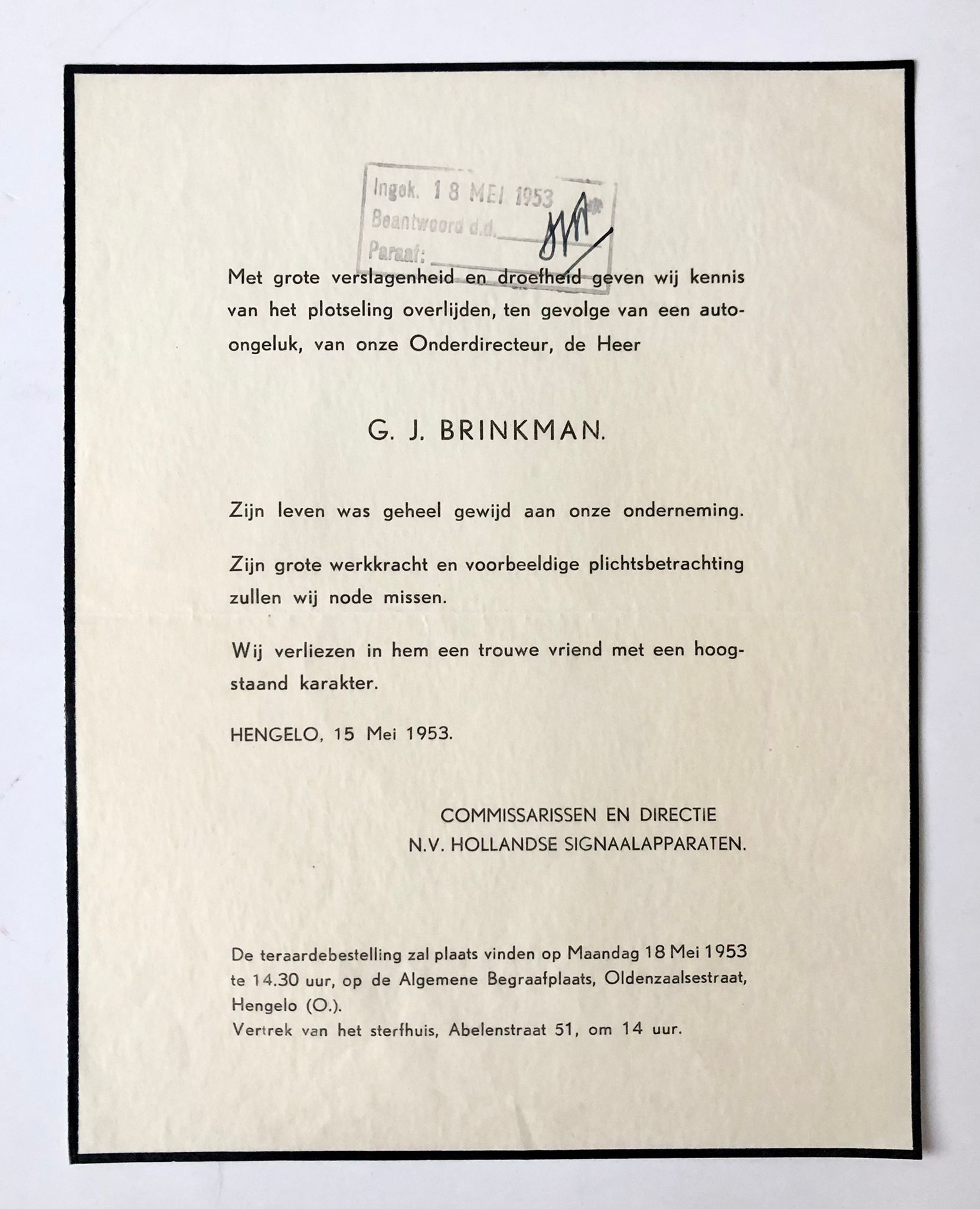 [Printed death announcement 1953] Death announcement for G.J. Brinkman. Hengelo, 1953, 1 p.