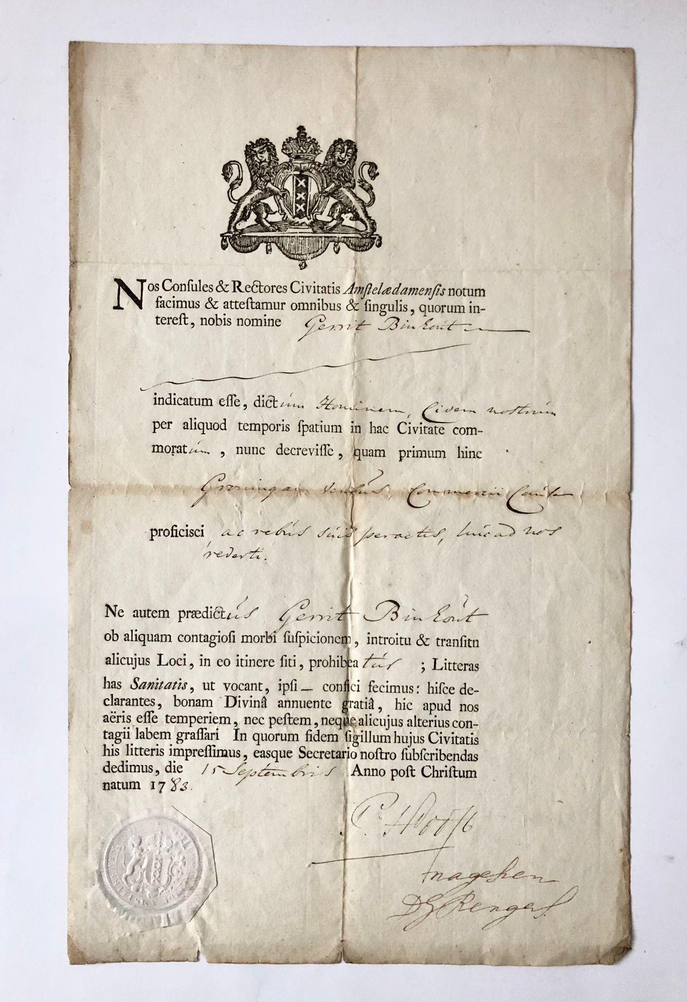 [Printed publication with manuscript, medical 1783] Health pass for Gerrit Binhout, d.d. Amsterdam, 15-9-1783. folio, apartly printed, partly handwritten with printed seal, 1 p.