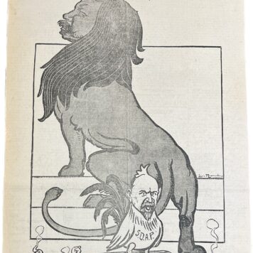 [Antique print, lithography, 20th century] Modern satirical print of Dutch Lion with SDAP references by Louis Raemaekers: 'De Leeuw gaat heen', published Telegraaf 1909, 1 p.