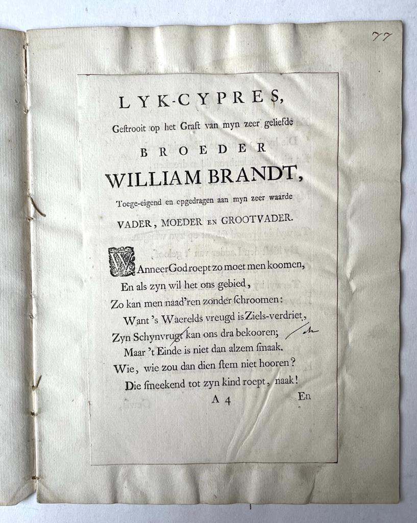 [Funeral poem, 18th century] Funeral poem (Lyk-gedicht, Lyk-cypres) for brother (broeder) William Brandt, by Christoffel Brandt. 4°, 9 pp., printed publication, 18th century.