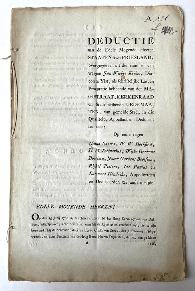  - [Printed publication, pastro, 1787] Deductie aan (...) Staaten van Friesland (...) in the name of Jan Wiebes Keikes, diacon in Ylst, against Hinne Sannes, W.W. Hoeksma, H.M. Scrinerius, Wijbe Gerbens Bootsma, J.G. Bootsma, R. Pieters, I. Paulusen, L. Hendriks (protesterende ledematen). Leeuwarden, 1787.