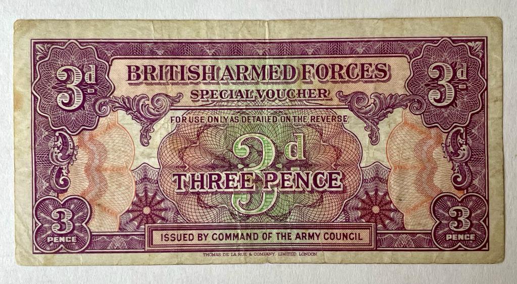 [Voucher, United Kingdom, Military] British Armed Forces, special voucher, 3 pence, valid for British service canteens. 6x11 cm., early 20th century?, 1 p.