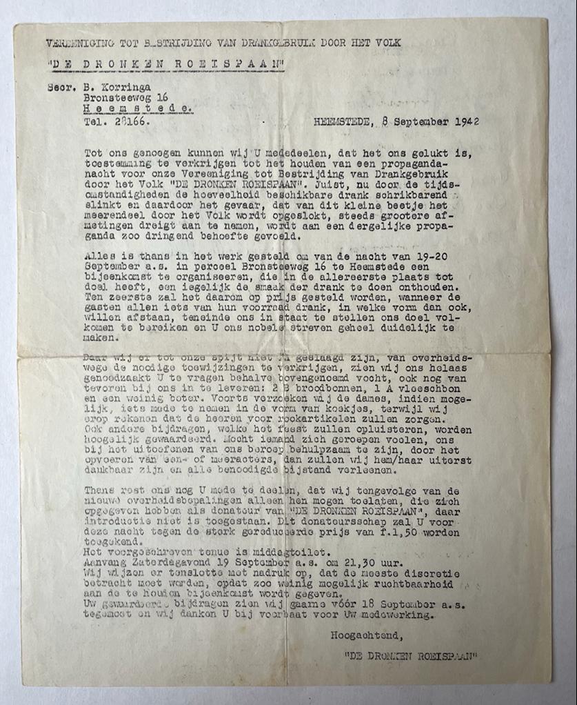 [Satirical party invitation, typed document, 1942] Uitnodiging voor feest bij B. Korringa, Bronsteeweg 16 Heemstede, d.d. 19-9-1942, 1 pag., gestencild.