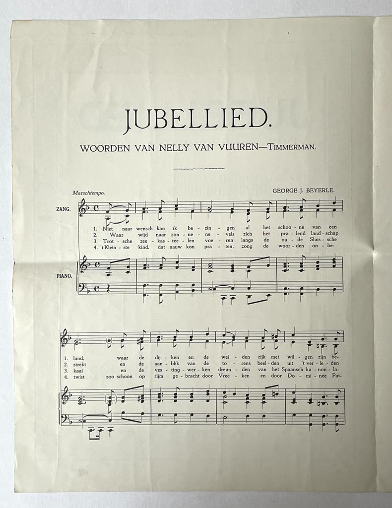 [Music sheet, 1923, Dutch] Music sheet (muziekblad) 'Jubellied voor Zeeuwsch Vlaanderen' (Zeeuw-Vlaanderen). By Nelly v. Vuuren-Timmerman, muzic G.J. Beijerle. Oostbug, Bronswijk, 1923. 4°, 3 pp, printed publication.