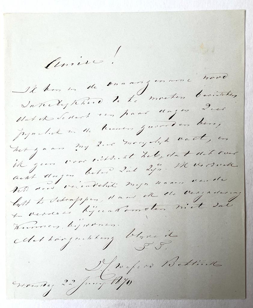  - [Manuscript, pharmacy 1870] Letter by pharmacist (apotheker) D.C. Wefers Bettink, d.d. Utrecht 1870. Manuscript, 1 p.