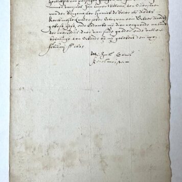 [Manuscript, 1605] Handwritten statement of Michil Canis, churchwarden (kerkmeester) of St. Stevenskerk Nijmegen, 9-2-1605. Manuscript, 1 p., folio.