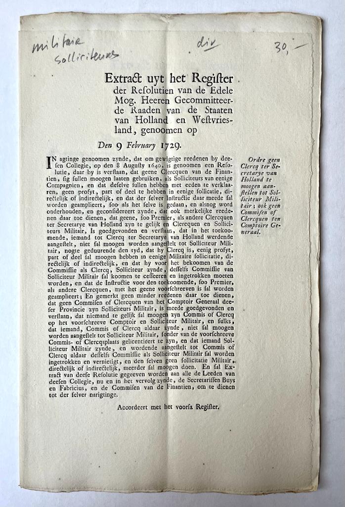 [Printed publications, Military 18th century] Twelve extracts from the resolutions of the Gecommitteerde Raden of the States of Holland regarding military matters, folio.