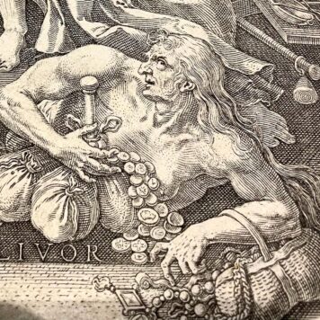 [Antique print, engraving, 1579] Politeia (Art) wins over Livor (Envy), published 1579, 1 p.